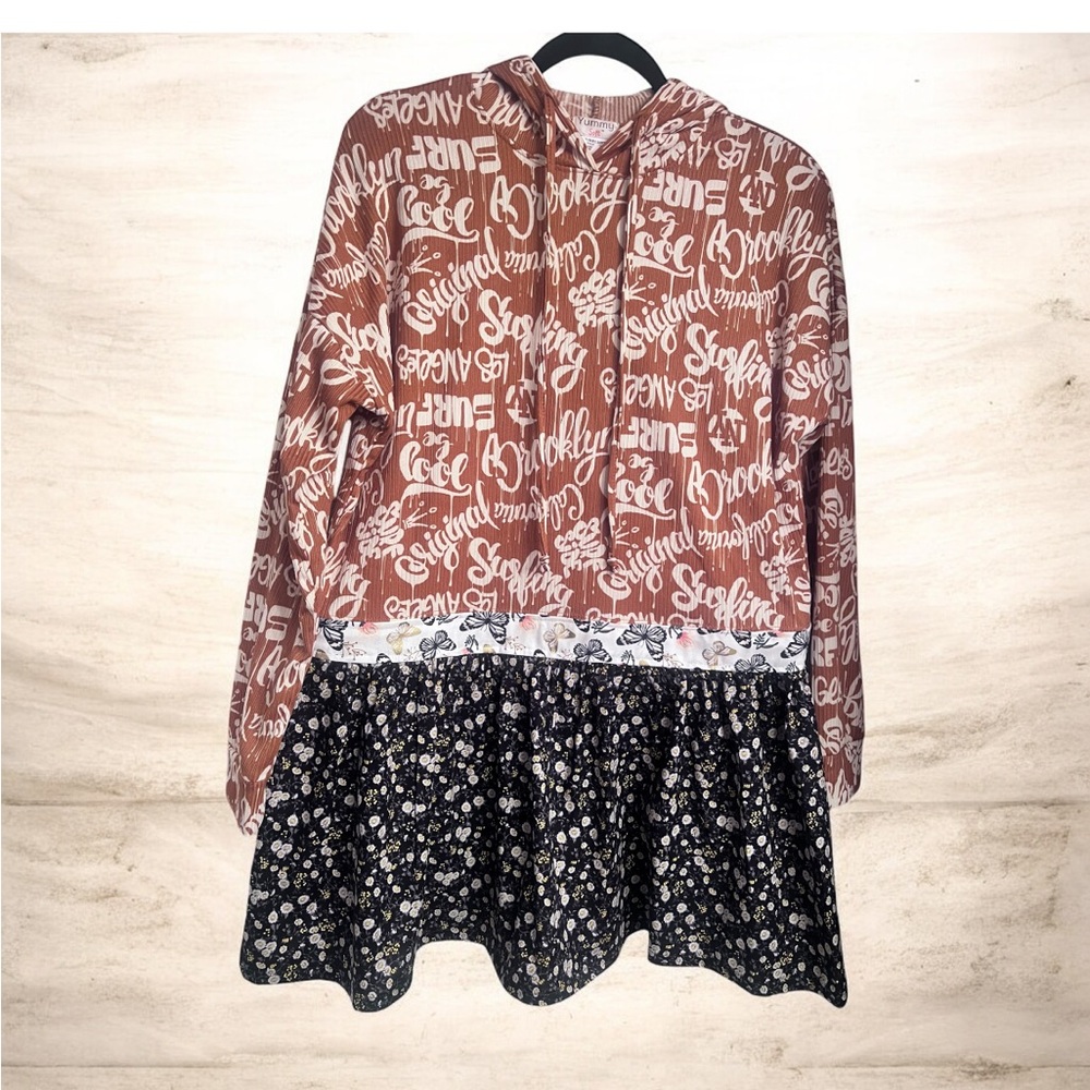 Refashioned Lightweight Hoodie Tunic Dress | Surf/California Print - Oversized M